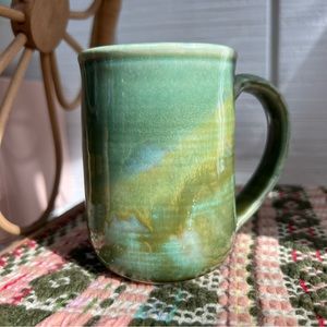Vintage handmade studio art green glazed pottery mug